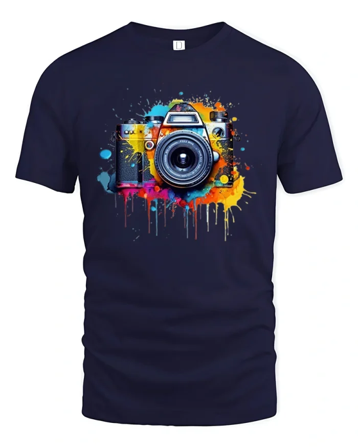 Colorful Camera Art Graphic T Shirt Creative Photography Tee - navy t-shirt on white background