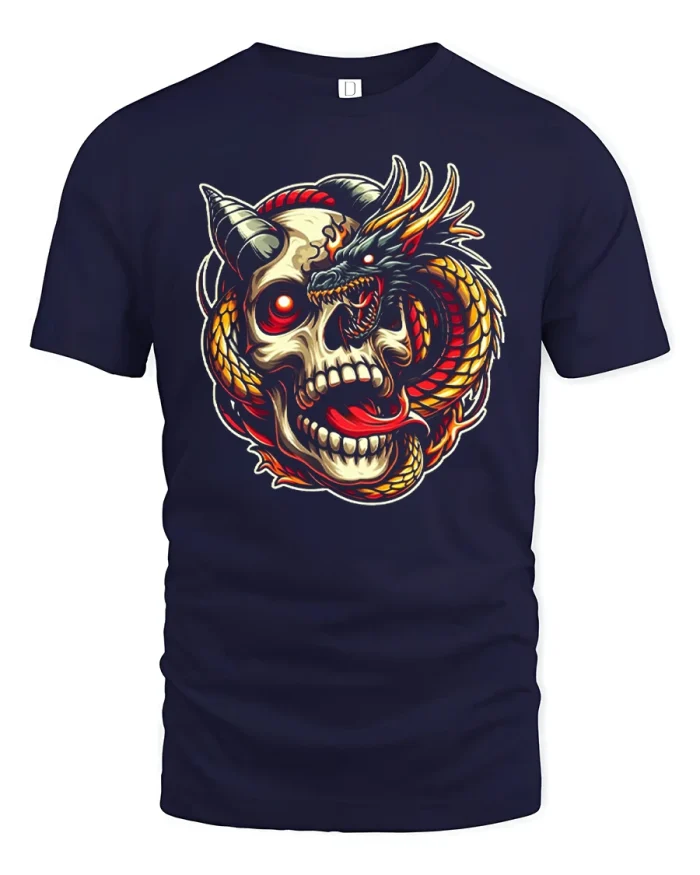 Fiery Dragon Skull Graphic T Shirt Dark Fantasy Art Tee - navy t-shirt on white background