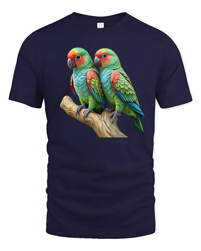 Colorful Twin Parrots Graphic T Shirt Tropical Bird Art Tee - navy t-shirt on white background