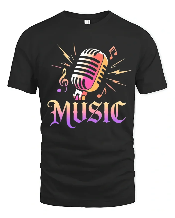Vintage Music Microphone Graphic T Shirt Colorful Sound Art Tee - black t-shirt on white background