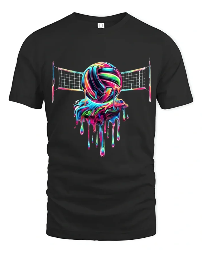 Colorful Volleyball Smash Graphic T Shirt Dripping Neon Sport Tee - black t-shirt on white background