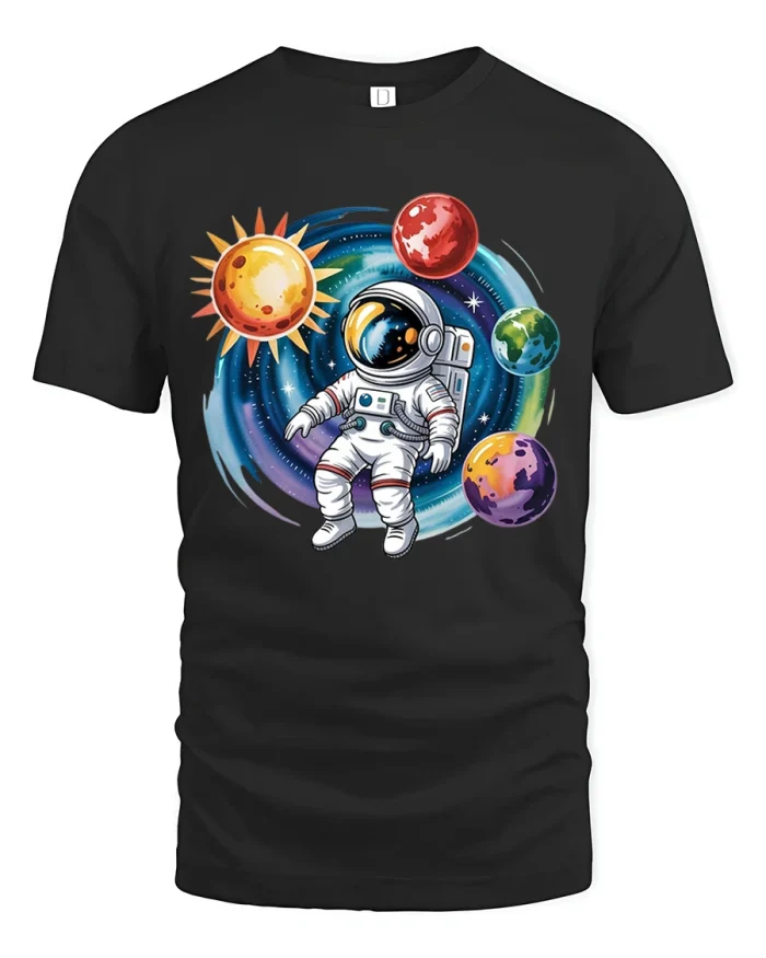 Astronaut Galaxy Adventure Graphic T Shirt Colorful Space Art Tee - black t-shirt on white background