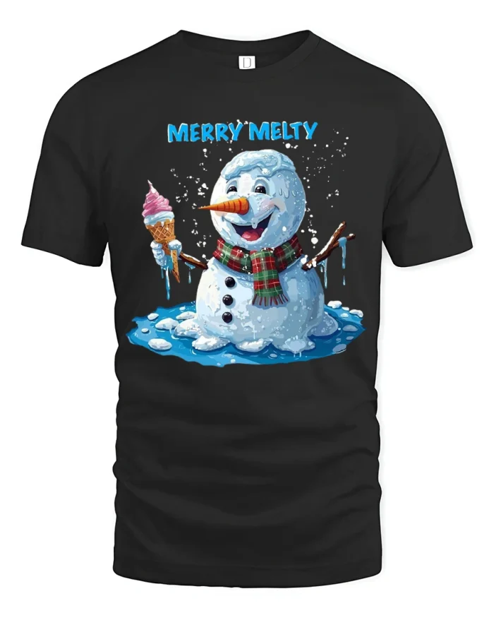 Merry Melty Snowman Ice Cream Graphic T Shirt Funny Winter Tee - black t-shirt on white background