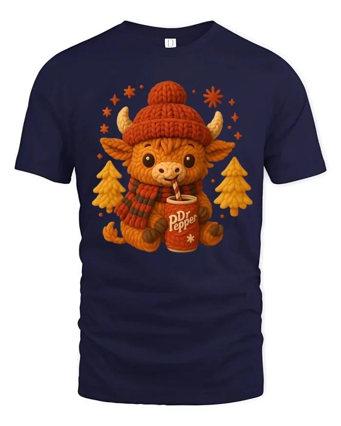 Cute Winter Highland Cow Graphic T Shirt Cozy Knit Style Tee - navy t-shirt on white background