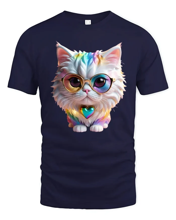 Cute Rainbow Cat Graphic T Shirt Colorful Glasses Art Tee - navy t-shirt on white background