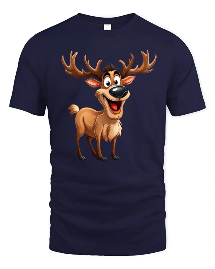 Funny Happy Reindeer Cartoon Graphic T Shirt Cute Smiling Tee - navy t-shirt on white background