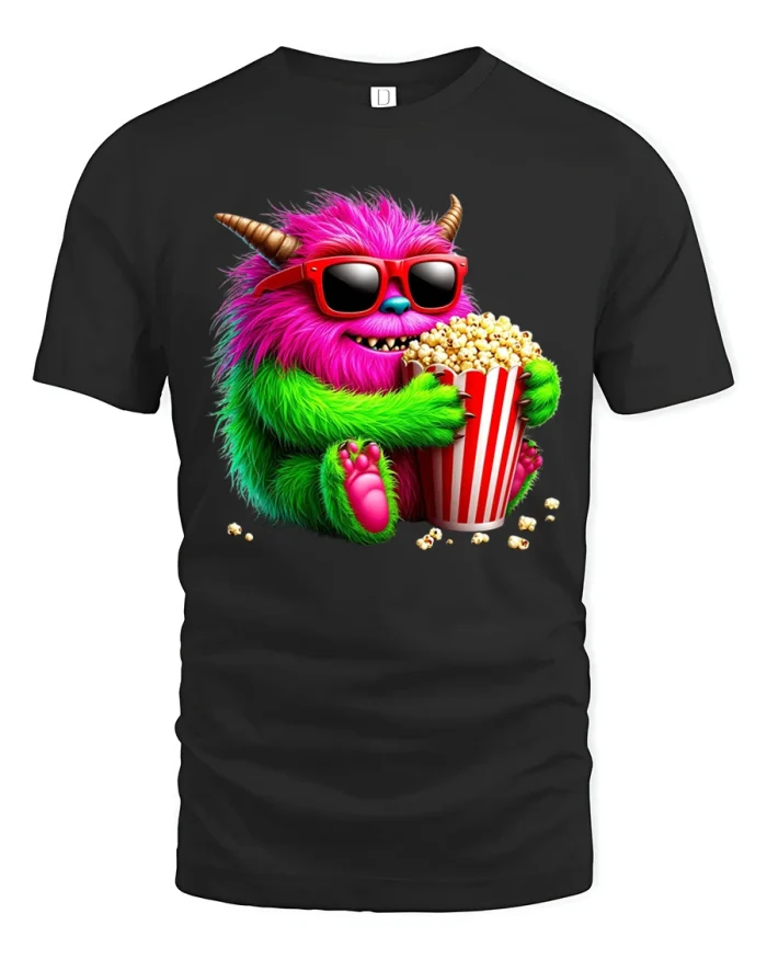 Funny Popcorn Monster Movie Night Tshirt Cute Cartoon Art - black t-shirt on white background