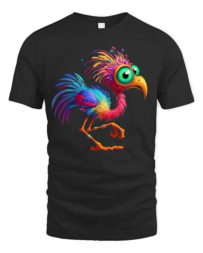 Colorful Big Eyed Fantasy Bird Cartoon Art Graphic Tshirt - black t-shirt on white background