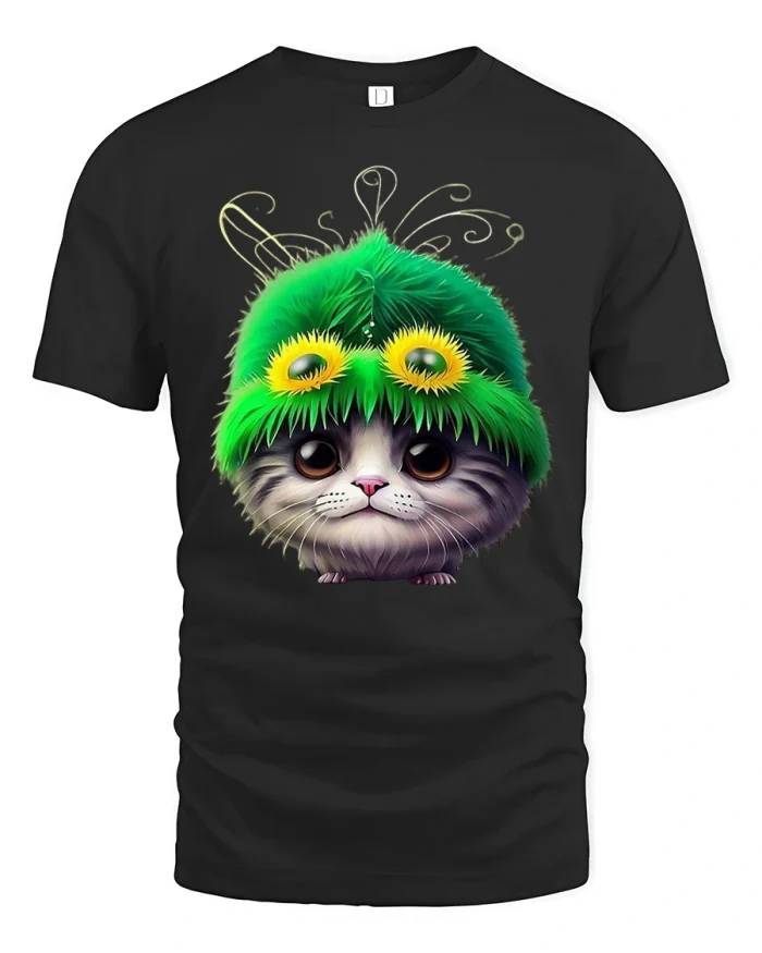 Cute Green Fuzzy Bug Cat Cartoon Art Graphic Tshirt - black t-shirt on white background