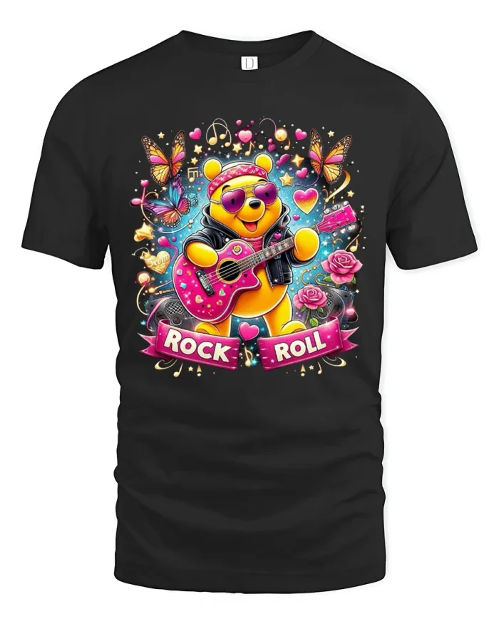 Cute Rock And Roll Teddy Bear Guitar Cartoon Art Graphic Tshirt - black t-shirt on white background