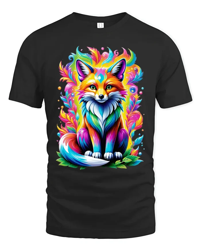 Colorful Fantasy Fox Spirit Art Vibrant Cartoon Graphic Tshirt - black t-shirt on white background