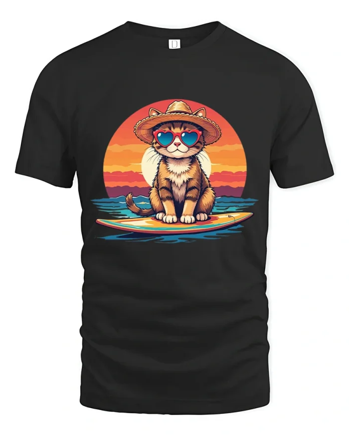Funny Surfing Cat Sunset Vibes Cartoon Art Graphic Tshirt - black t-shirt on white background
