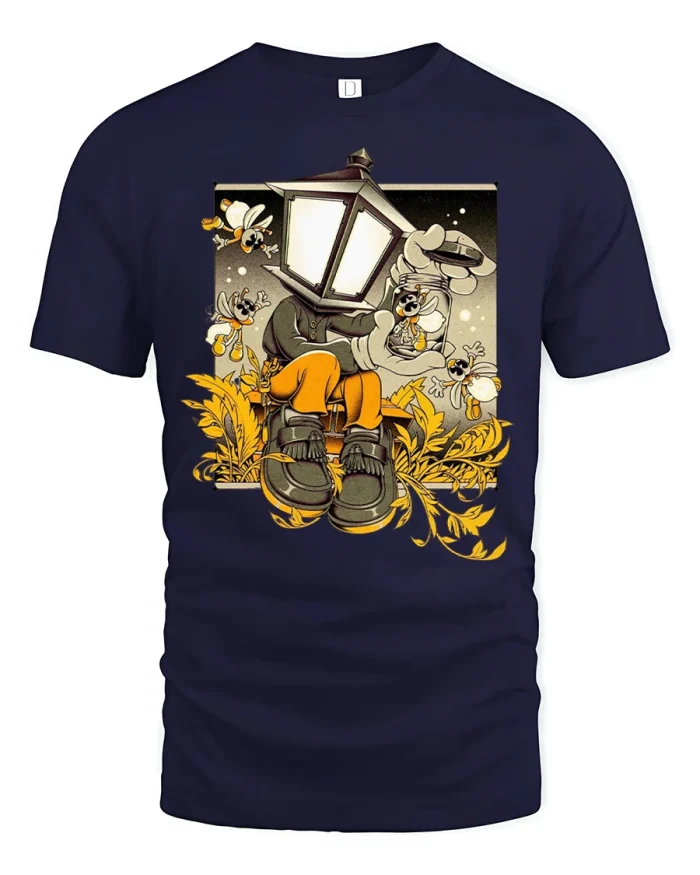 Whimsical Street Lamp Man And Fireflies Vintage Cartoon Art Tshirt - navy t-shirt on white background