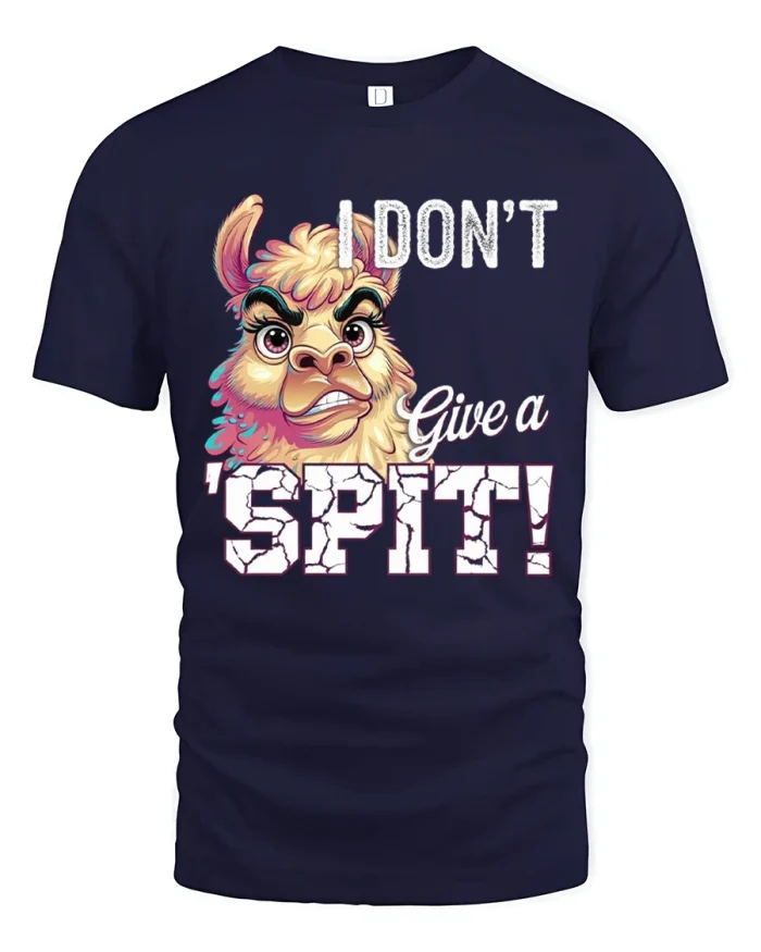 I Dont Give A Spit Llama Attitude Funny Cartoon Graphic Tshirt - navy t-shirt on white background