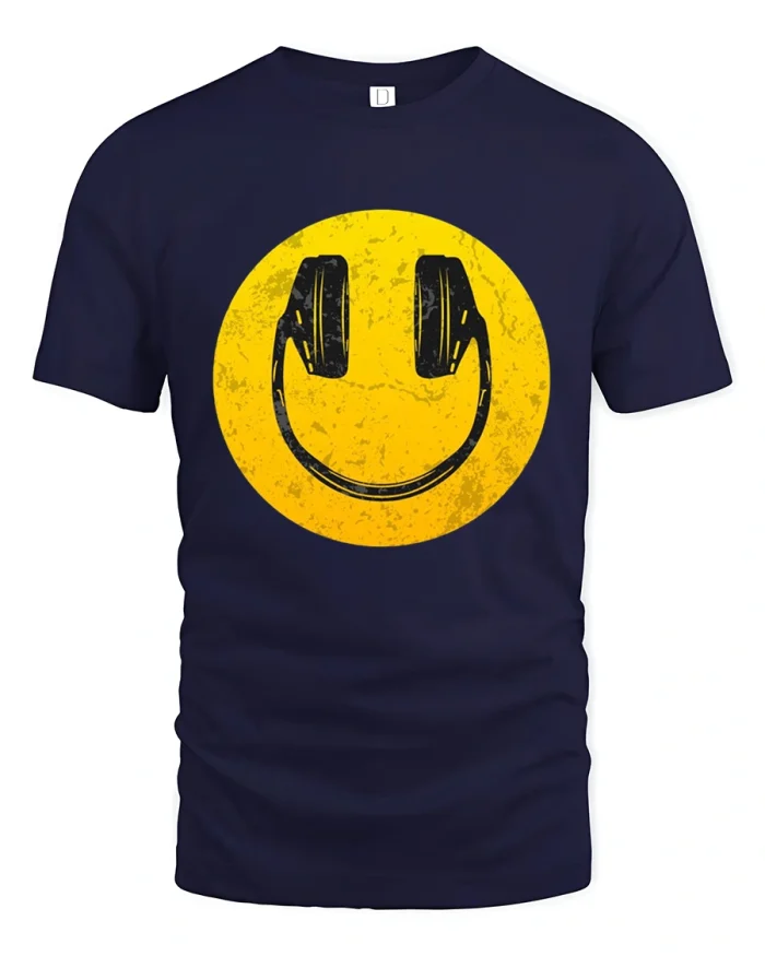 Vintage Smiley Face With Headphones Music Lover Graphic Tshirt - navy t-shirt on white background
