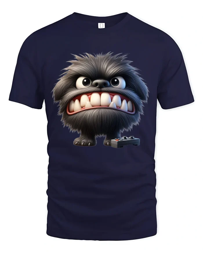 Funny Angry Gamer Monster Cartoon Art Playful Graphic Tshirt - navy t-shirt on white background