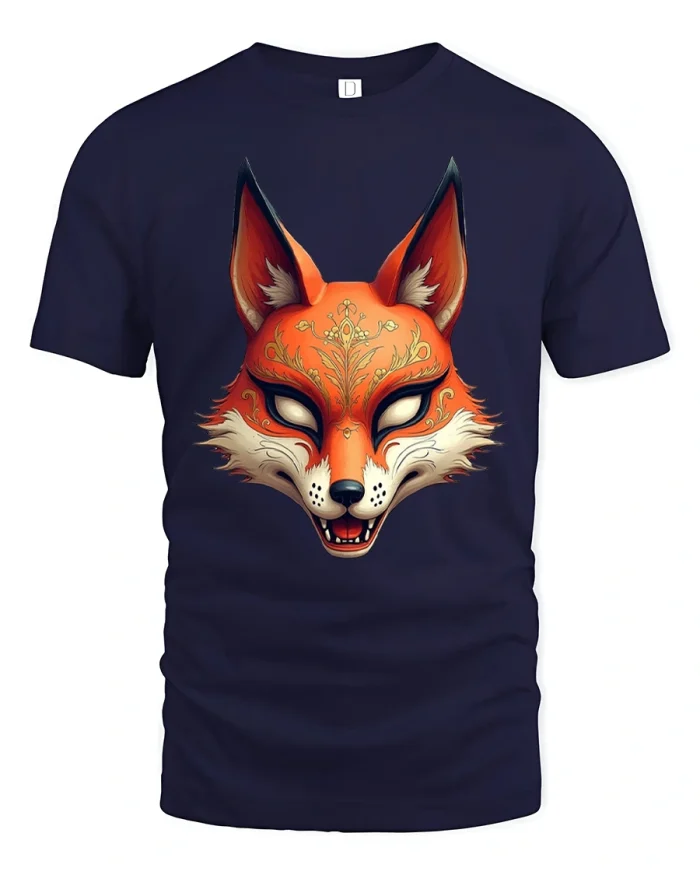 Mystical Tribal Fox Mask Art Fierce Fantasy Graphic Tshirt - navy t-shirt on white background