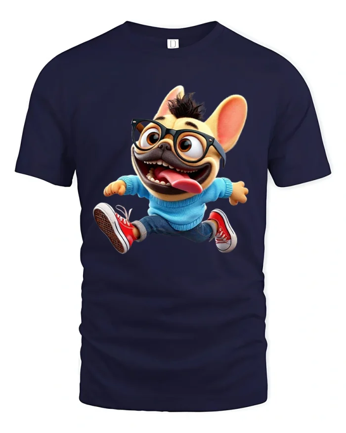 Funny Happy French Bulldog Cartoon Character Cute Graphic Tshirt - navy t-shirt on white background