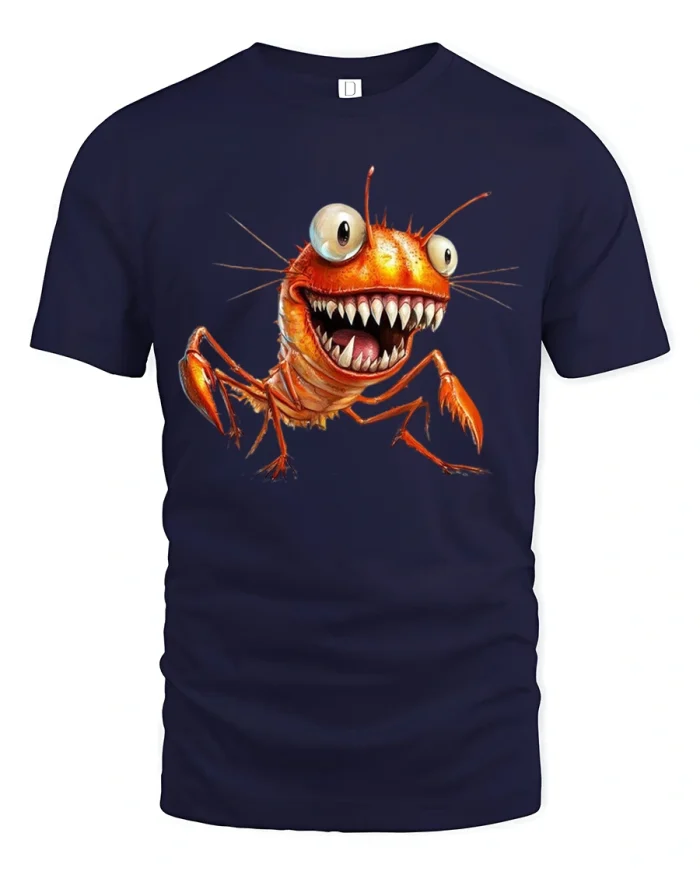 Funny Crazy Shrimp Monster Cartoon Art Fierce Graphic Tshirt - navy t-shirt on white background
