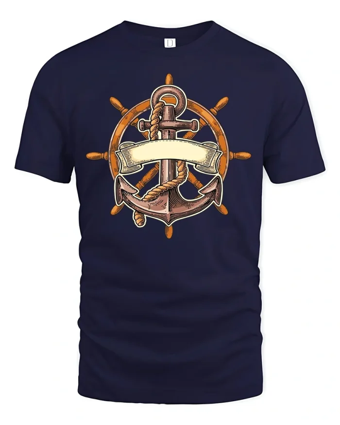 Vintage Nautical Anchor And Ship Wheel Classic Graphic Tshirt - navy t-shirt on white background