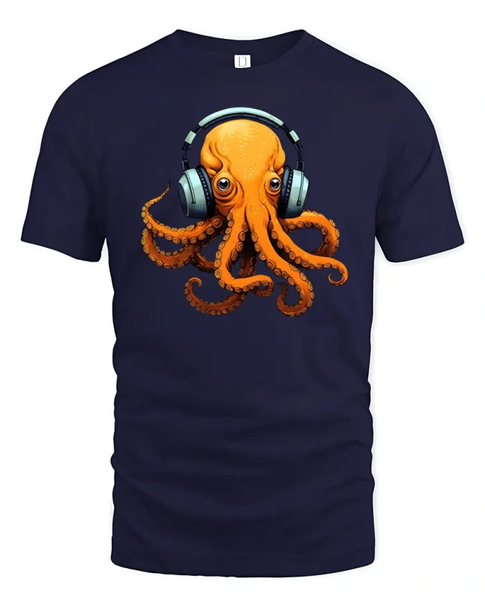 Cool DJ Octopus Wearing Headphones Music Lover Graphic Tshirt - navy t-shirt on white background
