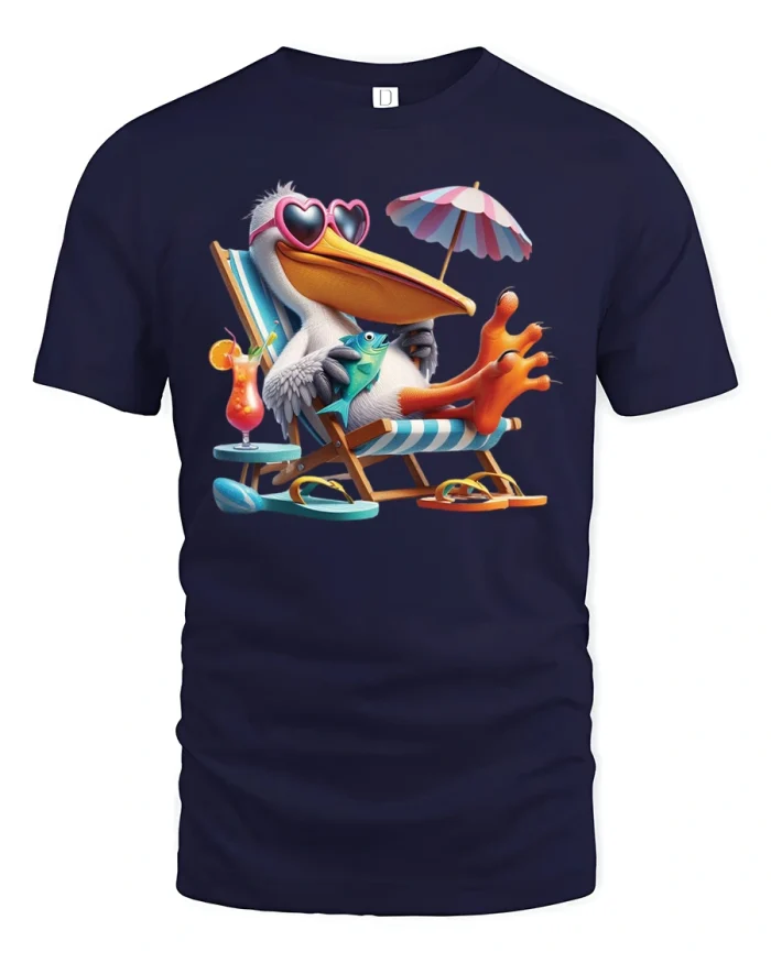 Funny Relaxed Pelican Beach Vacation Cartoon Art Graphic Tshirt - navy t-shirt on white background