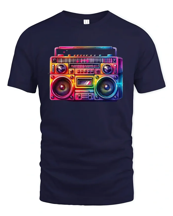 Colorful Retro Boombox Music Vibes Vintage Graphic Tshirt - navy t-shirt on white background