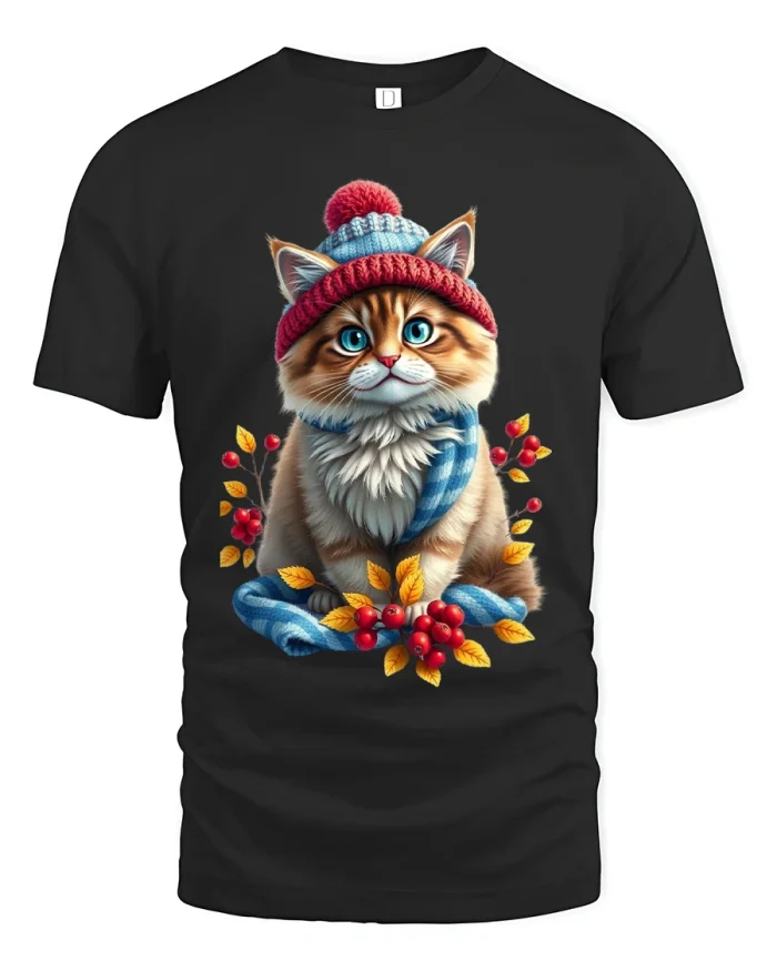 Cute Winter Cat Cozy Scarf Illustration Graphic Tshirt - black t-shirt on white background