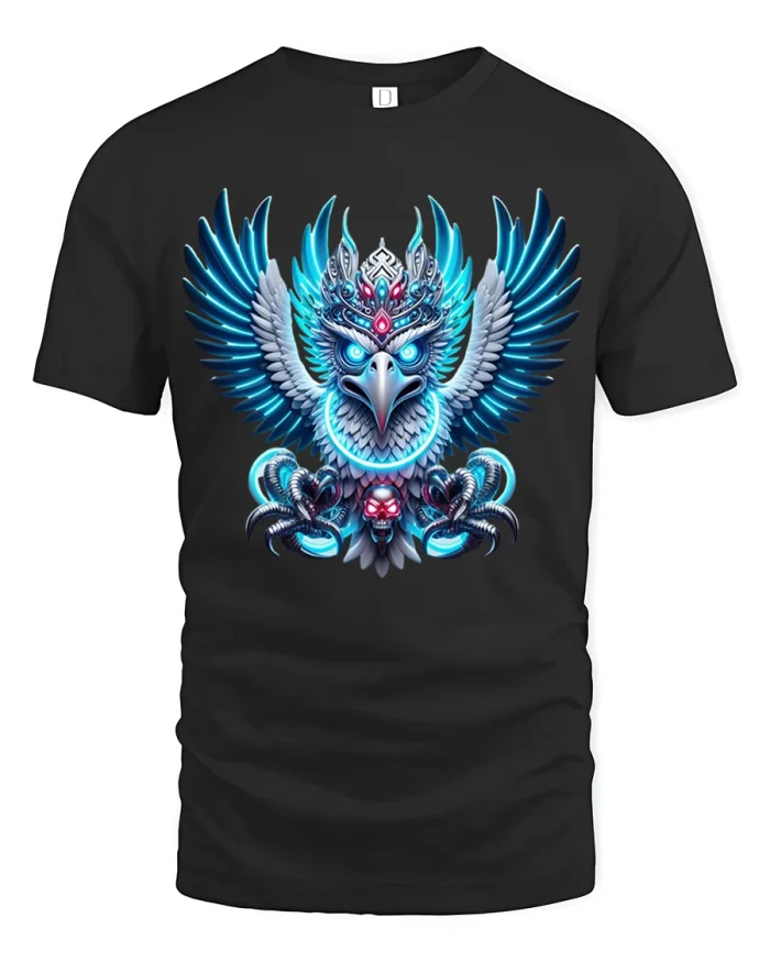 Majestic Ice Eagle Crown Fantasy Power Art Graphic Tshirt - black t-shirt on white background