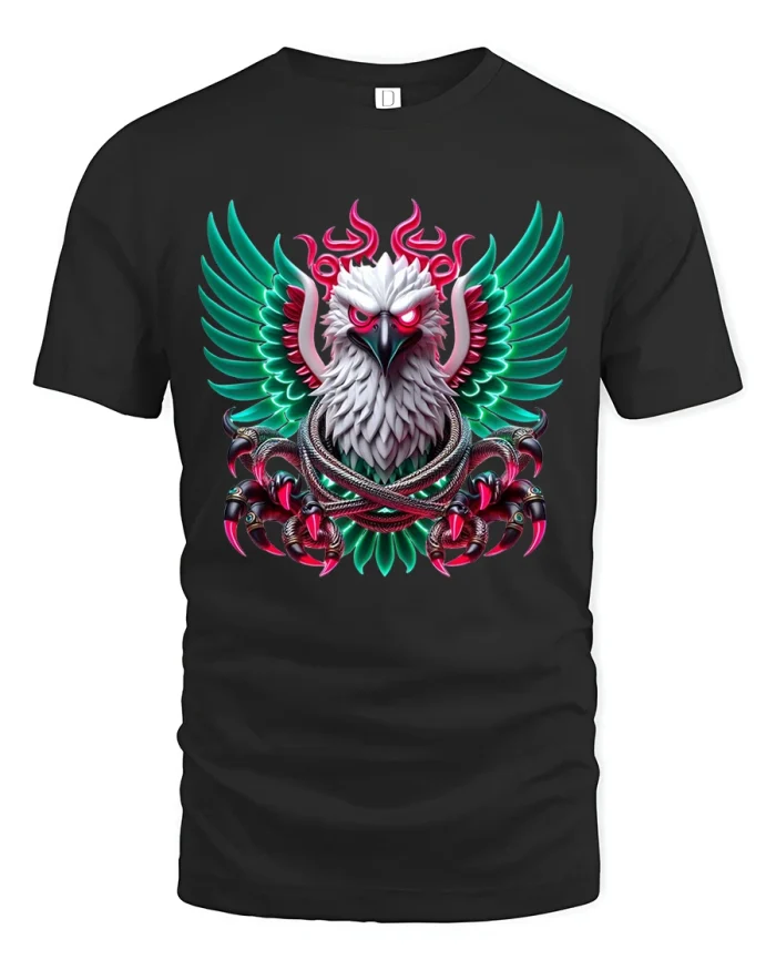 Neon Fire Eagle Dark Fantasy Power Art Graphic Tshirt - black t-shirt on white background
