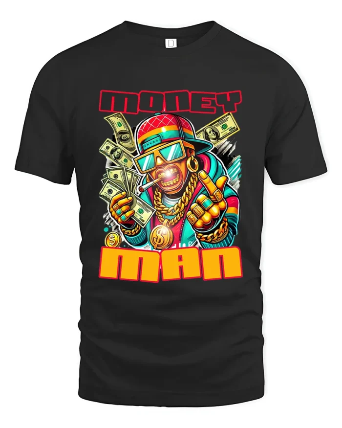 Money Man Street Hustle Cash Art Graphic Tshirt - black t-shirt on white background