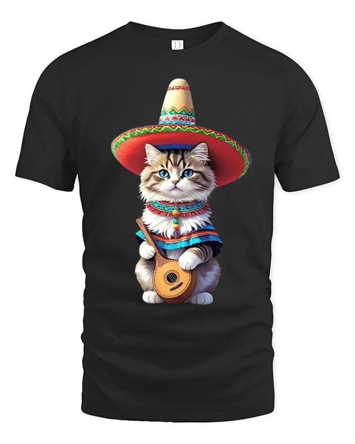 Funny Mariachi Cat Music Fiesta Art Graphic Tshirt - black t-shirt on white background