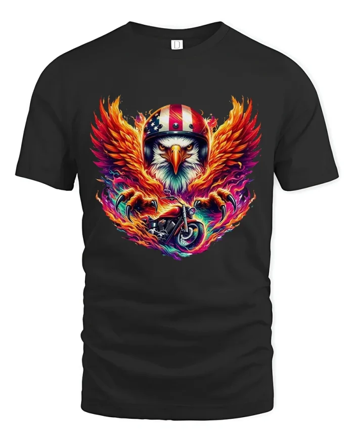Flaming Eagle Biker Freedom Art Illustration Graphic Tshirt - black t-shirt on white background