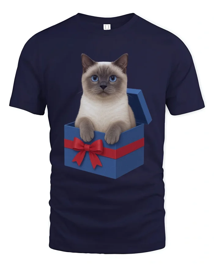 Cute Cat Surprise Gift Box Illustration Playful Graphic Tshirt - navy t-shirt on white background
