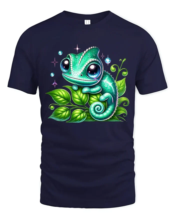 Cute Chameleon Leaf Illustration Whimsical Nature Graphic Tshirt - navy t-shirt on white background