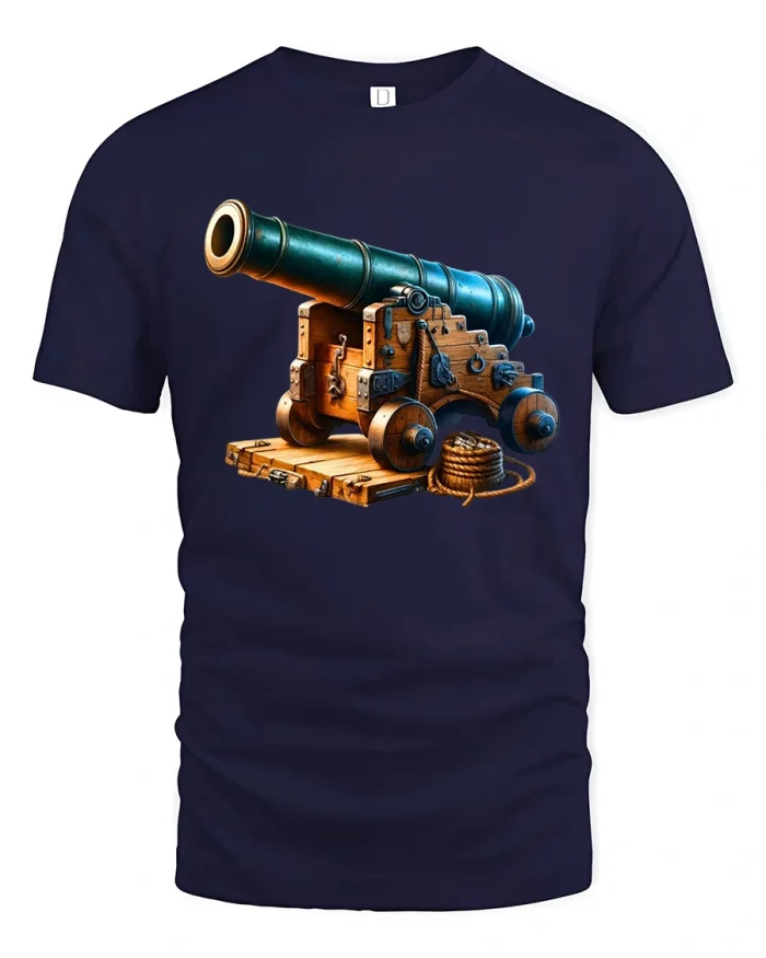 Vintage Pirate Cannon Illustration Nautical Adventure Graphic Tshirt - navy t-shirt on white background