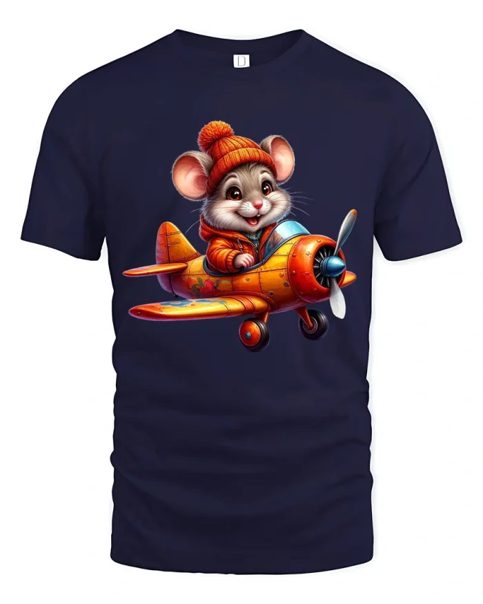 Cute Pilot Mouse Airplane Adventure Illustration Graphic Tshirt - navy t-shirt on white background