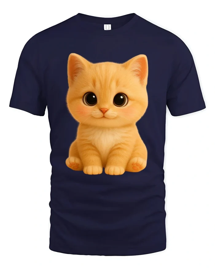Cute Big Eyes Ginger Kitten Illustration Soft Touch Graphic Tshirt - navy t-shirt on white background