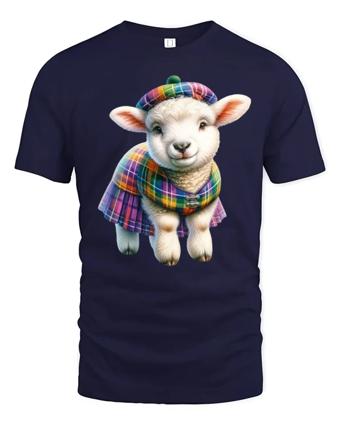Cute Scottish Lamb Tartan Outfit Adorable Farm Art Graphic Tshirt - navy t-shirt on white background