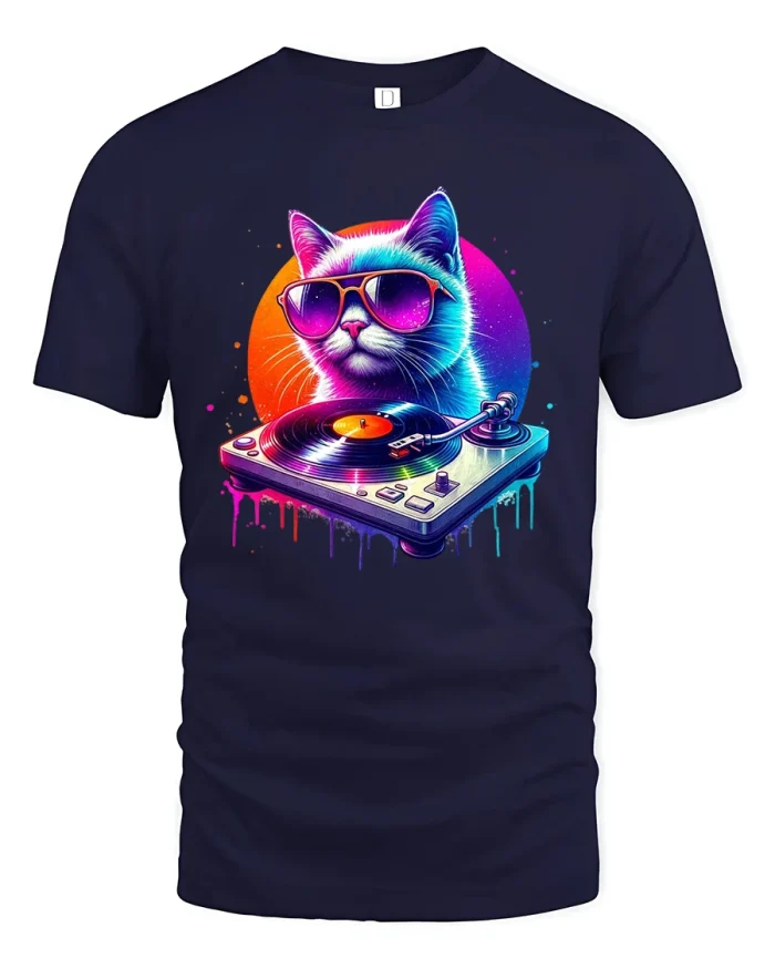 Neon DJ Cat Vinyl Turntable Retro Music Art Graphic Tshirt - navy t-shirt on white background