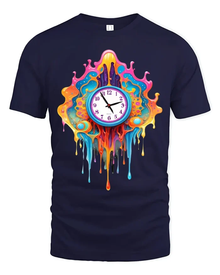 Melting Colorful Clock Surreal Time Art Graphic T Shirt - navy t-shirt on white background