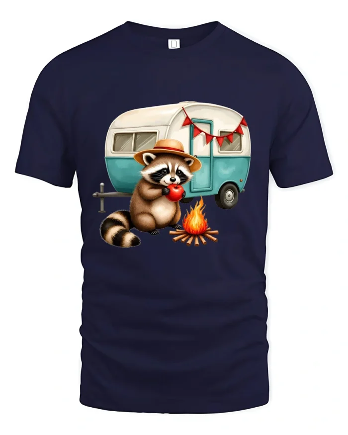 Cute Camping Raccoon Camper Trailer Cozy Adventure Graphic Tee - navy t-shirt on white background