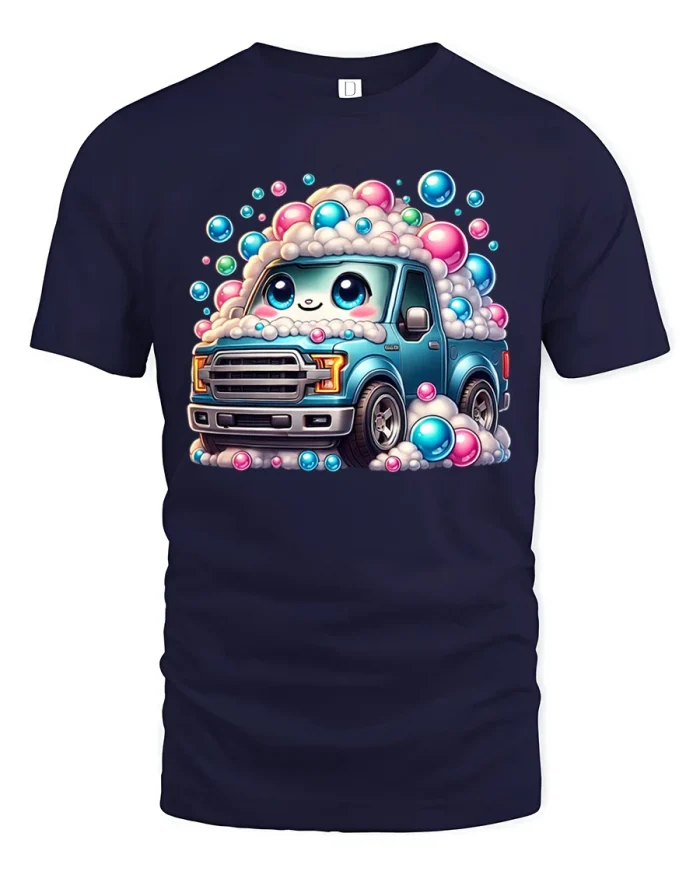 Cute Bubble Car Wash Smiling Truck Cartoon Art Graphic Tee - navy t-shirt on white background
