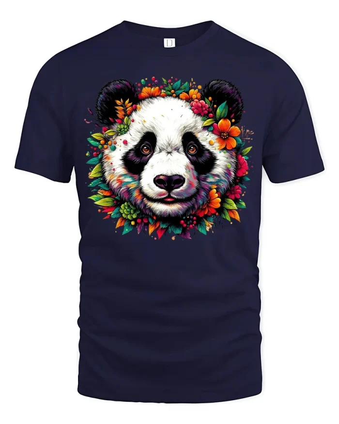 Colorful Floral Panda Face Artistic Nature Inspired Graphic Tee - navy t-shirt on white background
