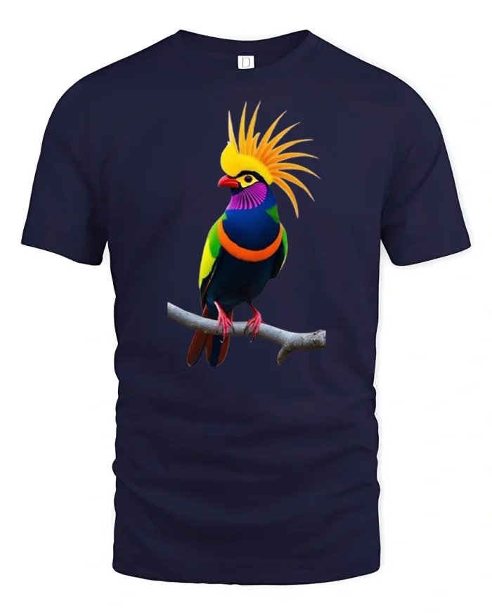 Vibrant Tropical Crested Bird Colorful Wildlife Art Graphic Tee - navy t-shirt on white background