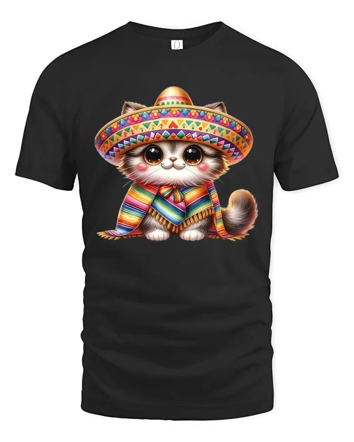 Cute Mexican Cat Tshirt With Sombrero Colorful Poncho Art - black t-shirt on white background