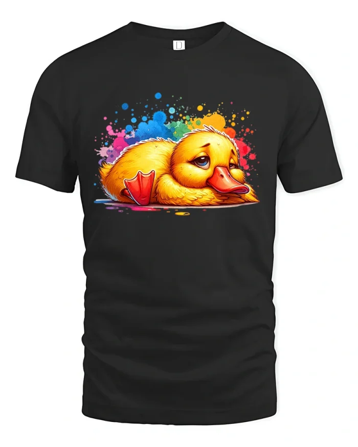 Sad Cute Duck Tshirt With Colorful Paint Splash Cartoon Art - black t-shirt on white background