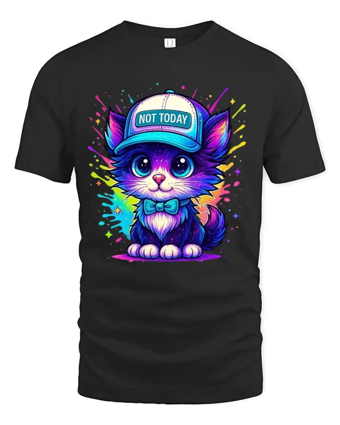 Cute Neon Cat Tshirt Not Today Funny Attitude Cartoon Art - black t-shirt on white background