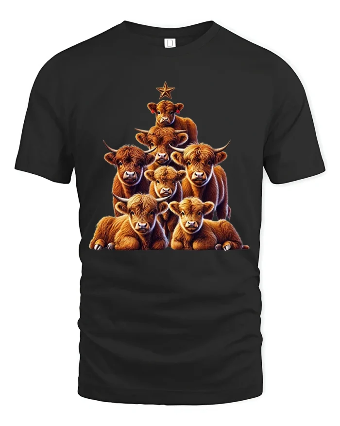 Cute Highland Cow Tshirt Funny Cow Stack Farm Animal Art - black t-shirt on white background