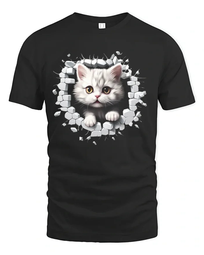 Cute White Kitten Tshirt Adorable Cat Breaking Wall Art - black t-shirt on white background
